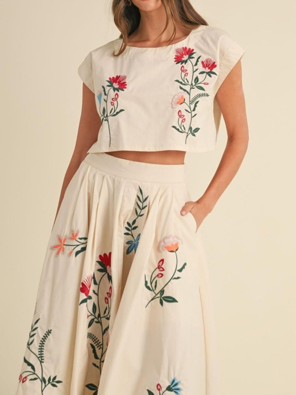 Floral Embroidery Boho Dress Set - Sleeveless Tank Top & Loose Fit Skirt - Picture 4 of 6